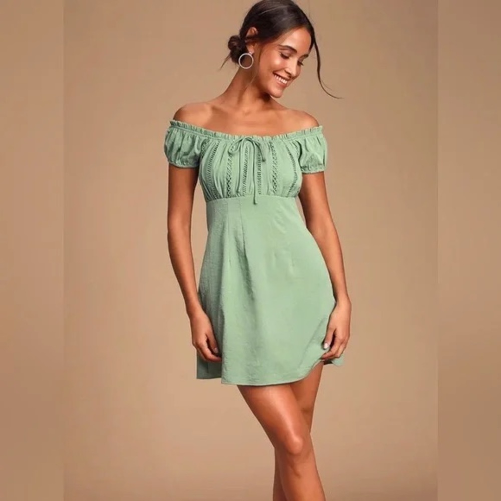Lulus sage green off the shoulder mini dress